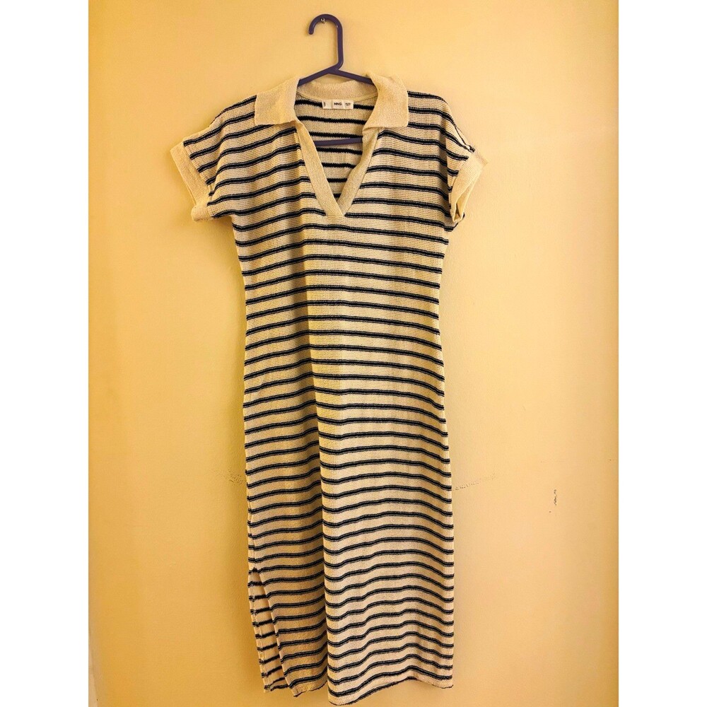 MANGO V-Neck Short Sleeve Striped Knit Collared Midi T-Shirt Dress S